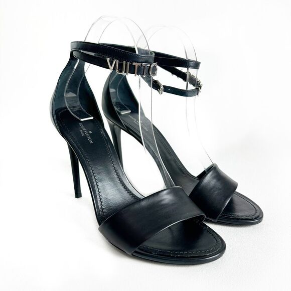 LOUIS VUITTON Black Call Back Sandal Heels Size 39 US 8.5 Logo Leather Strappy - Picture 15 of 15
